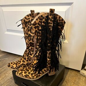 Lucky & Blessed Leopard Print Heeled Boots with Black Fringe